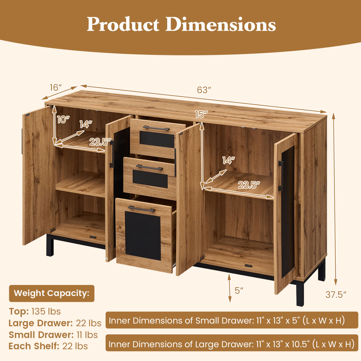 63" Sideboard Buffet Cabinet with 3 Drawers - Natural