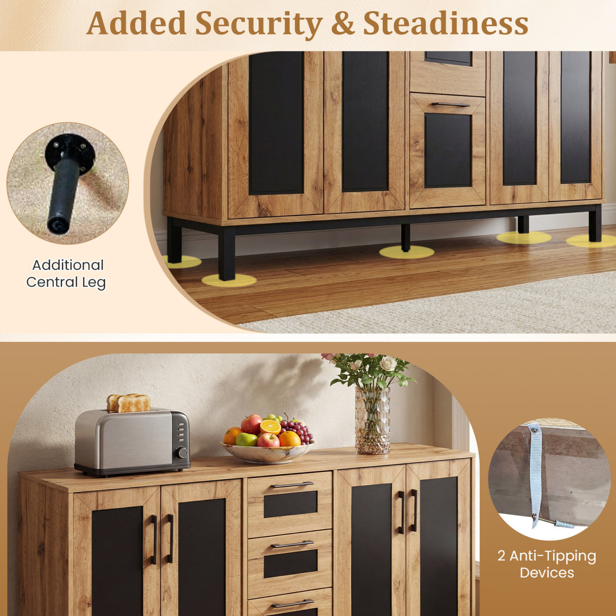 63" Sideboard Buffet Cabinet with 3 Drawers - Natural