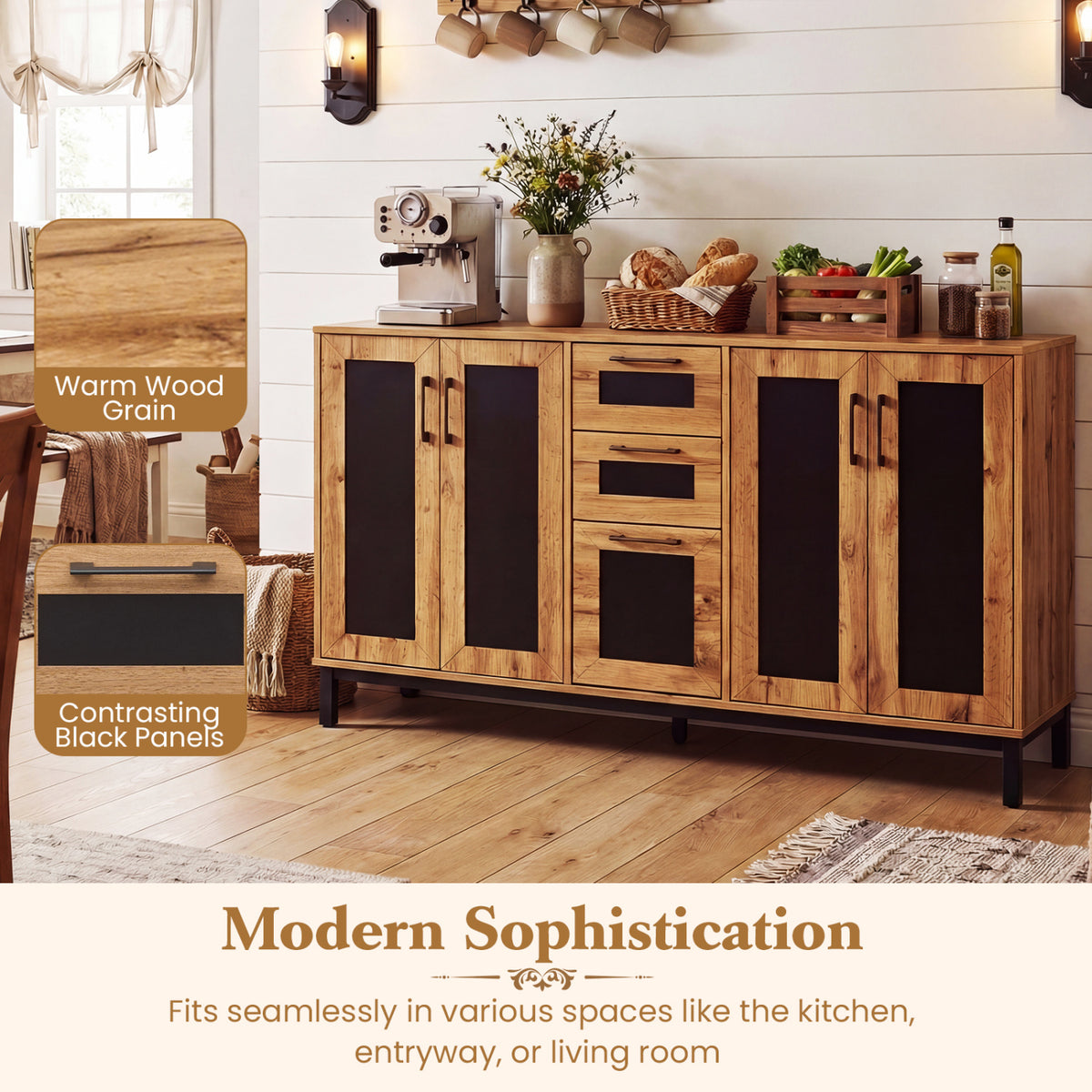 63" Sideboard Buffet Cabinet with 3 Drawers - Natural