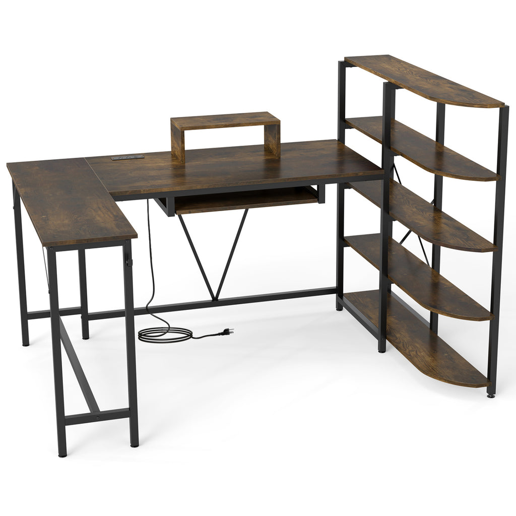63" U-Shaped Computer Desk with Shelves & Keyboard Tray - Rustic Brown