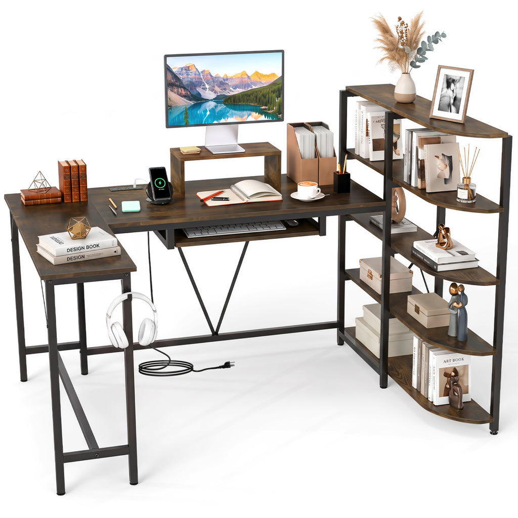 63" U-Shaped Computer Desk with Shelves & Keyboard Tray - Rustic Brown