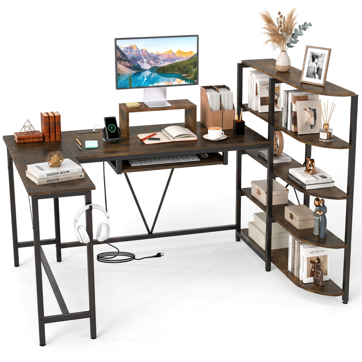 63" U-Shaped Computer Desk with Shelves & Keyboard Tray - Rustic Brown