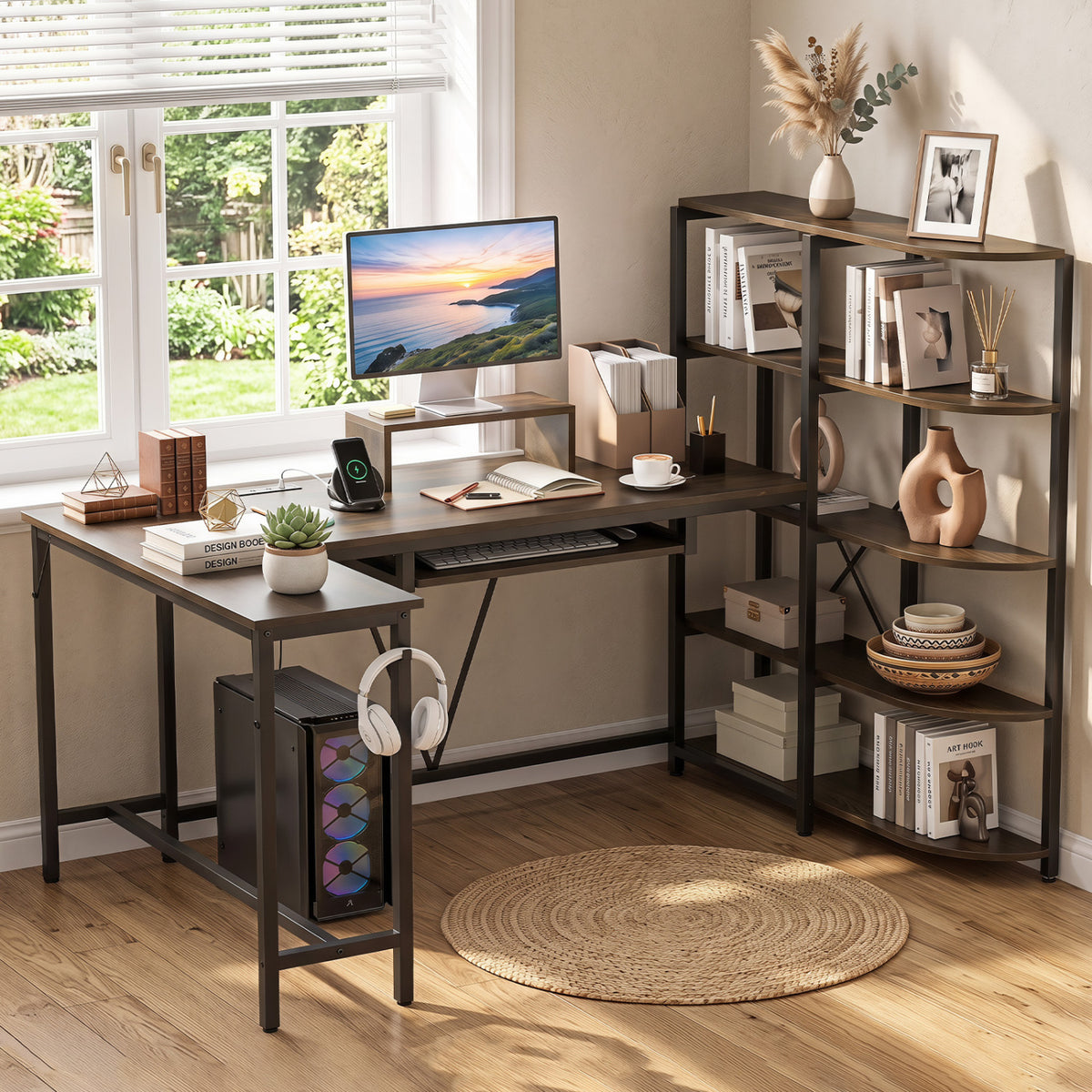 63" U-Shaped Computer Desk with Shelves & Keyboard Tray - Rustic Brown