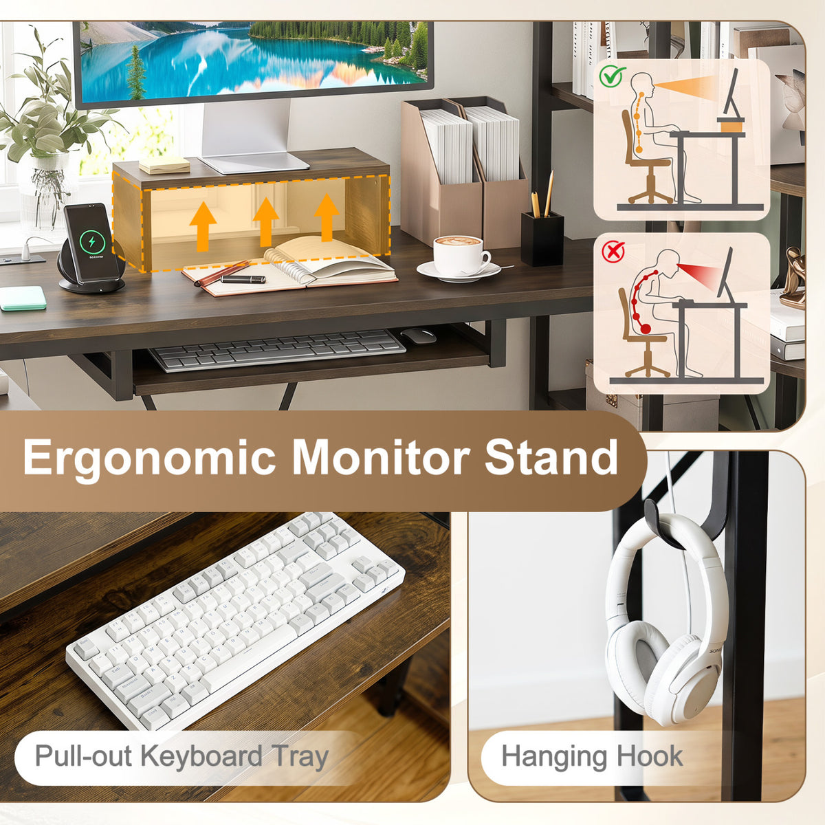 63" U-Shaped Computer Desk with Shelves & Keyboard Tray - Rustic Brown
