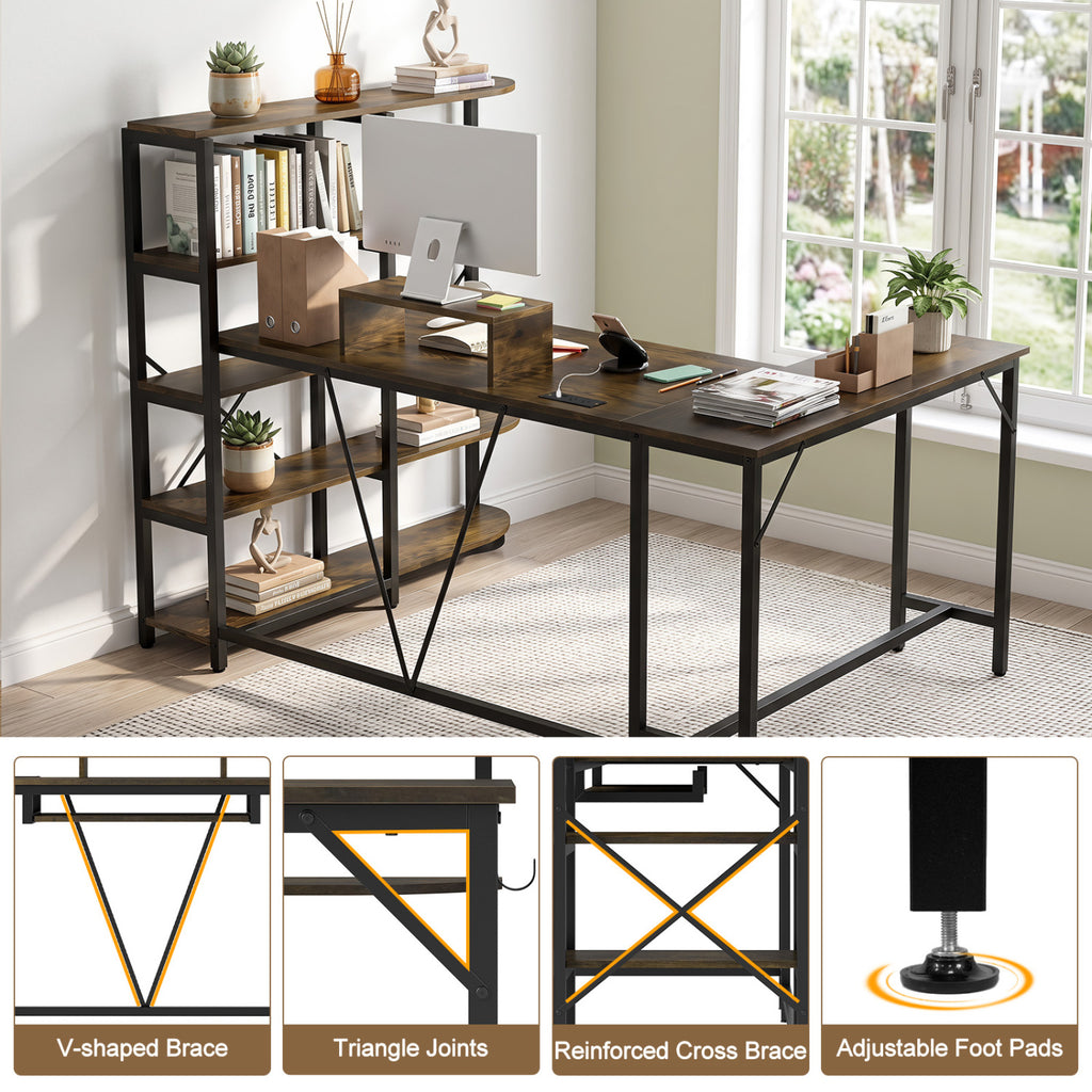 63" U-Shaped Computer Desk with Shelves & Keyboard Tray - Rustic Brown