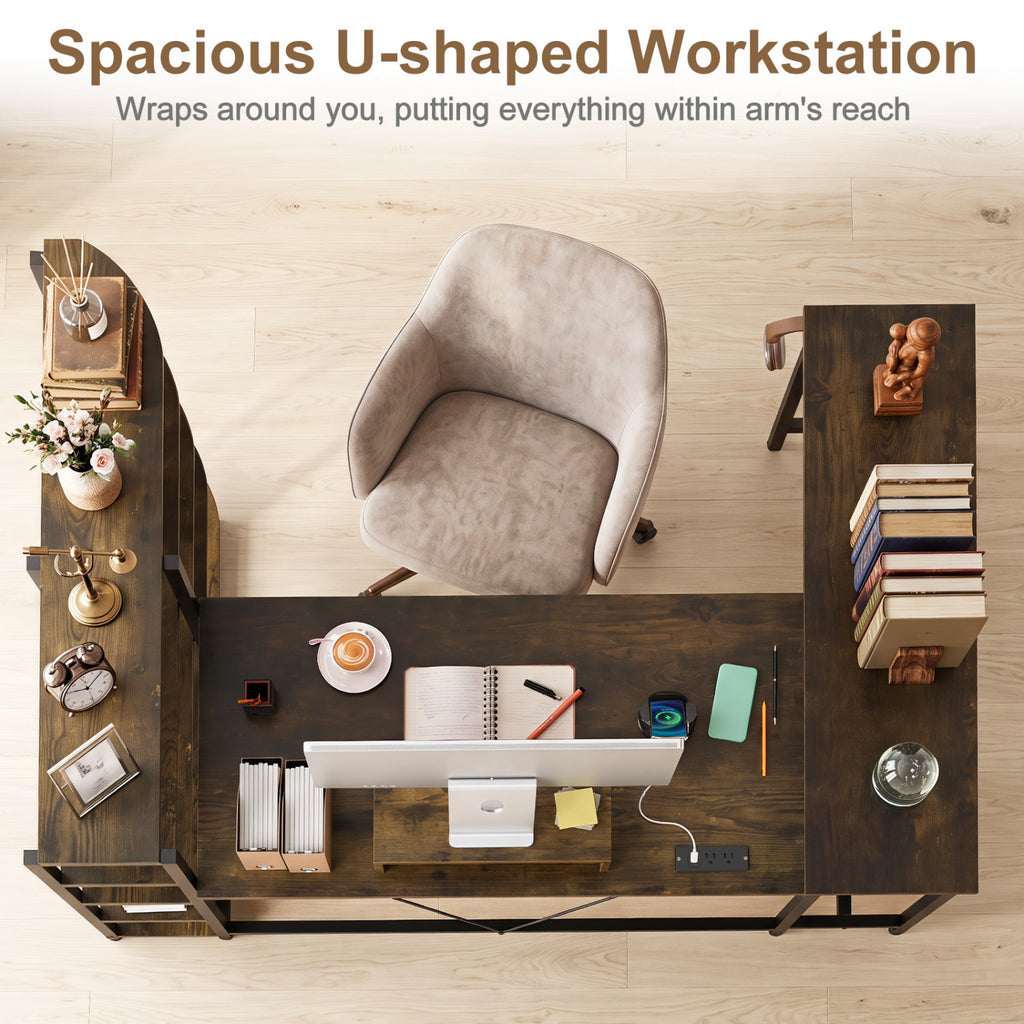 63" U-Shaped Computer Desk with Shelves & Keyboard Tray - Rustic Brown