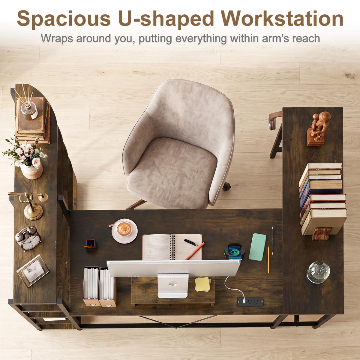 63" U-Shaped Computer Desk with Shelves & Keyboard Tray - Rustic Brown