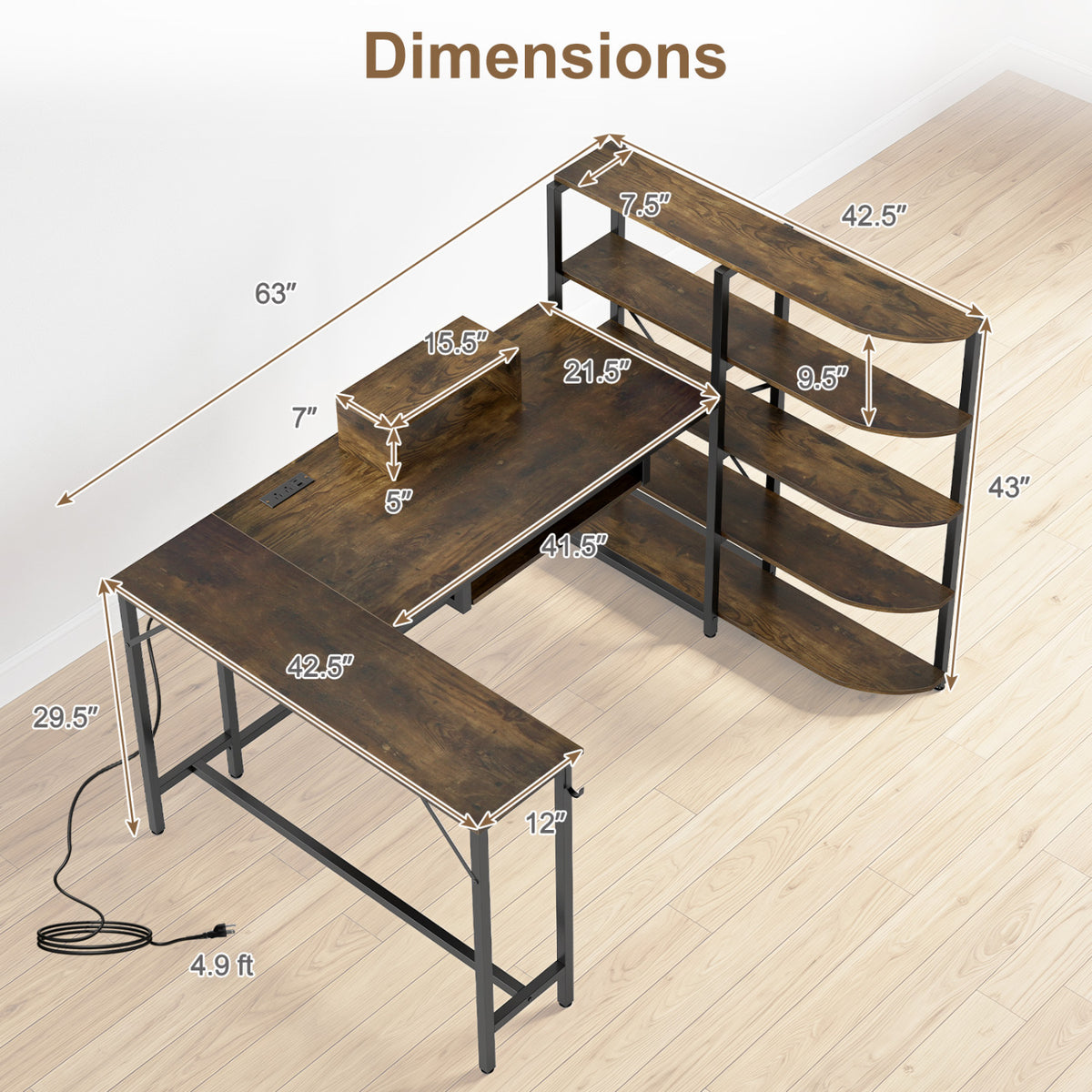 63" U-Shaped Computer Desk with Shelves & Keyboard Tray - Rustic Brown