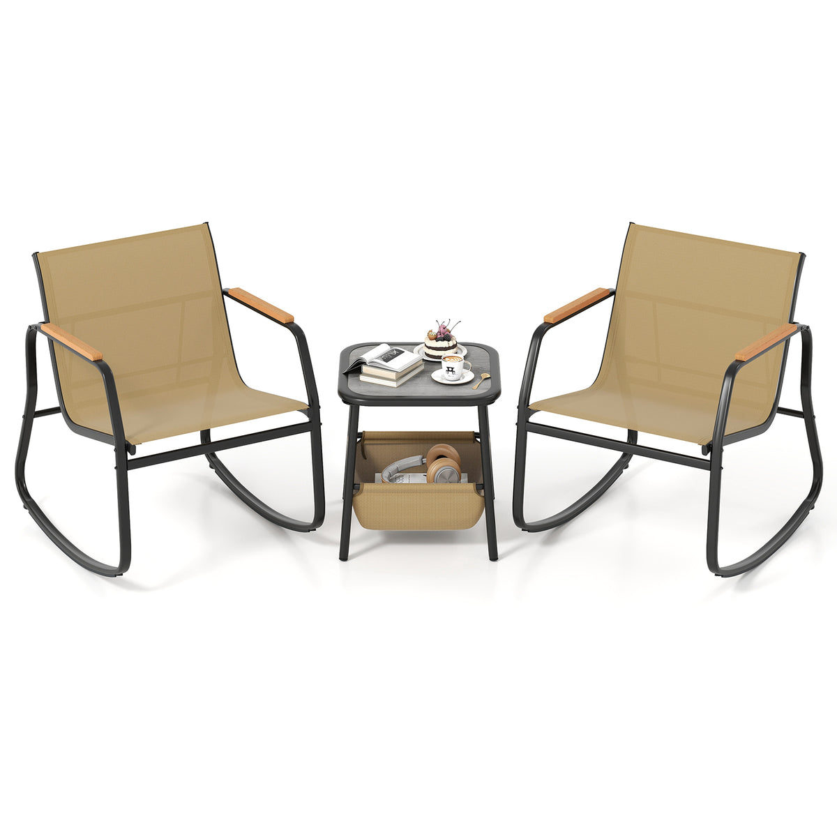 3 Piece Rocking Bistro Chairs and Side Table Set with Storage Bag