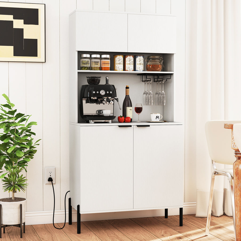 64.5" Kitchen Pantry Cabinet with Wine Glass Rack - White