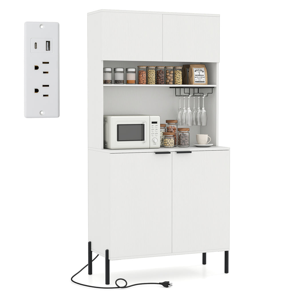 64.5" Kitchen Pantry Cabinet with Wine Glass Rack - White