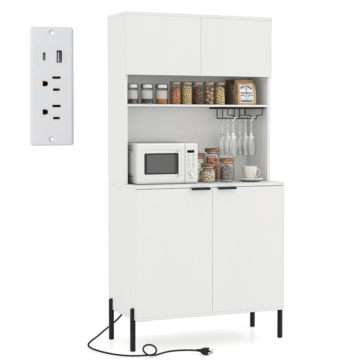 64.5" Kitchen Pantry Cabinet with Wine Glass Rack - White
