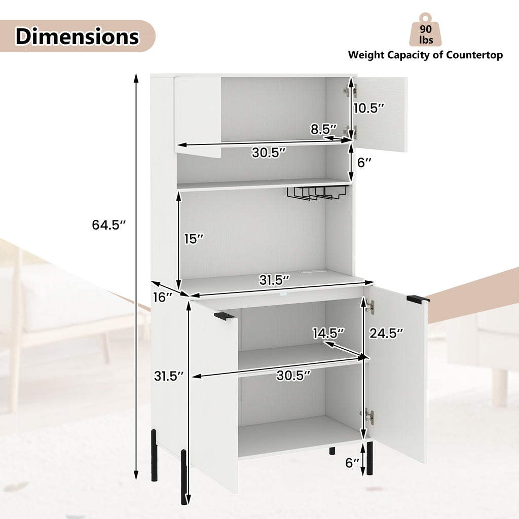 64.5" Kitchen Pantry Cabinet with Wine Glass Rack - White