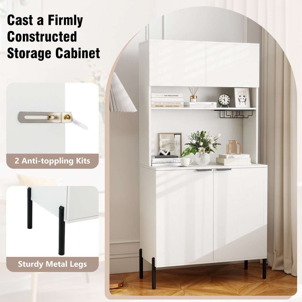 64.5" Kitchen Pantry Cabinet with Wine Glass Rack - White