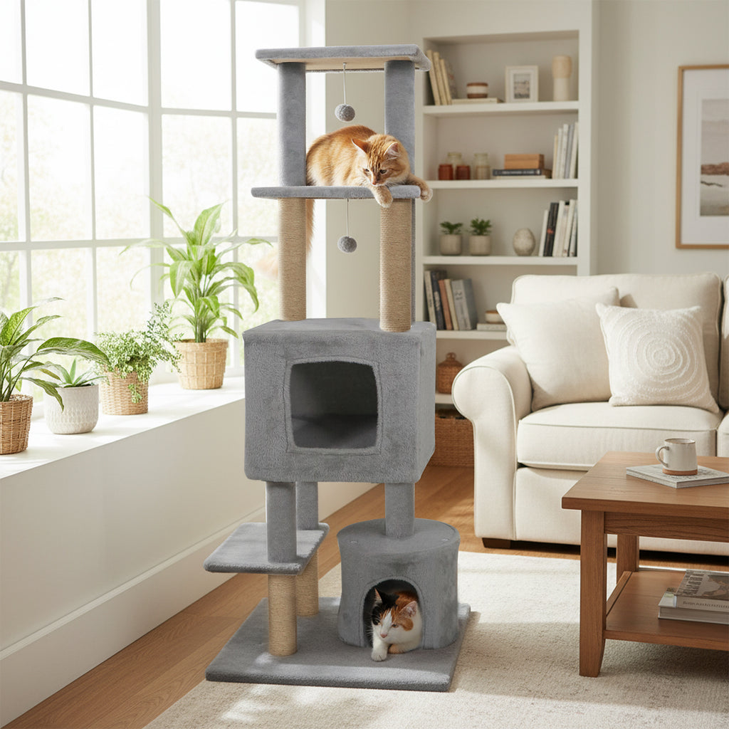 64 Inch Tall Cat Tree with 2 Condos & Jute Scratching Posts - Light Gray Variation