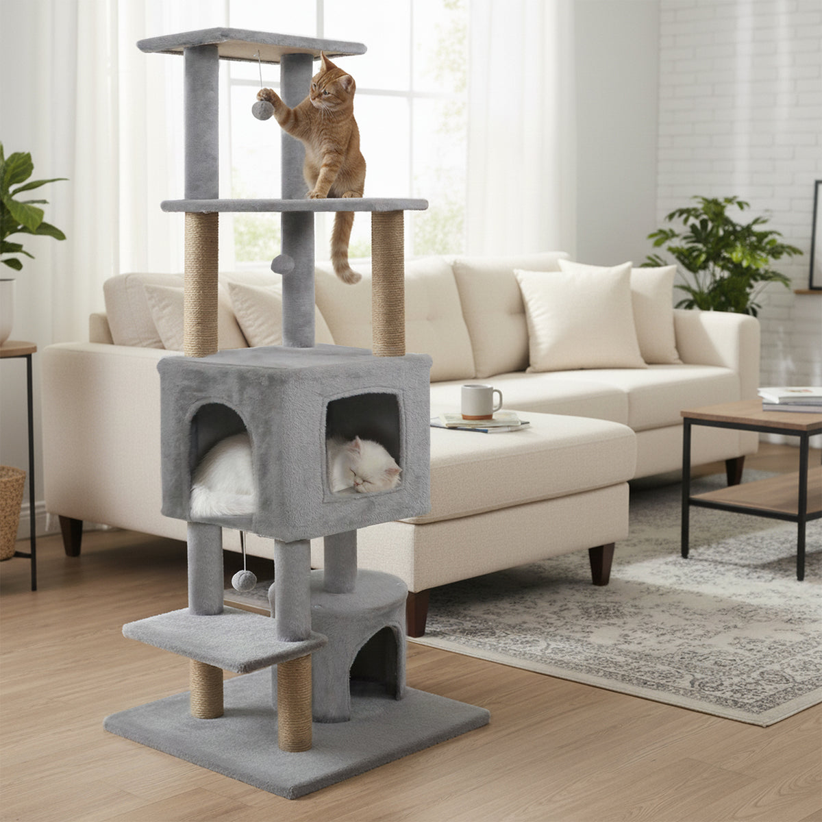 64 Inch Tall Cat Tree with 2 Condos & Jute Scratching Posts - Light Gray Variation