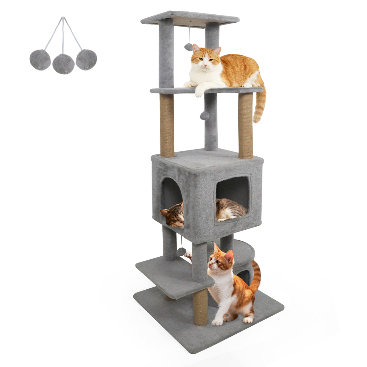 64 Inch Tall Cat Tree with 2 Condos & Jute Scratching Posts - Light Gray Variation