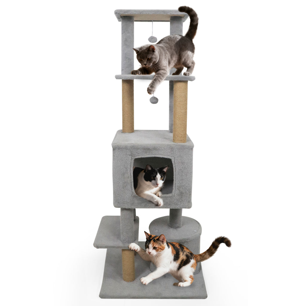 64 Inch Tall Cat Tree with 2 Condos & Jute Scratching Posts - Light Gray Variation