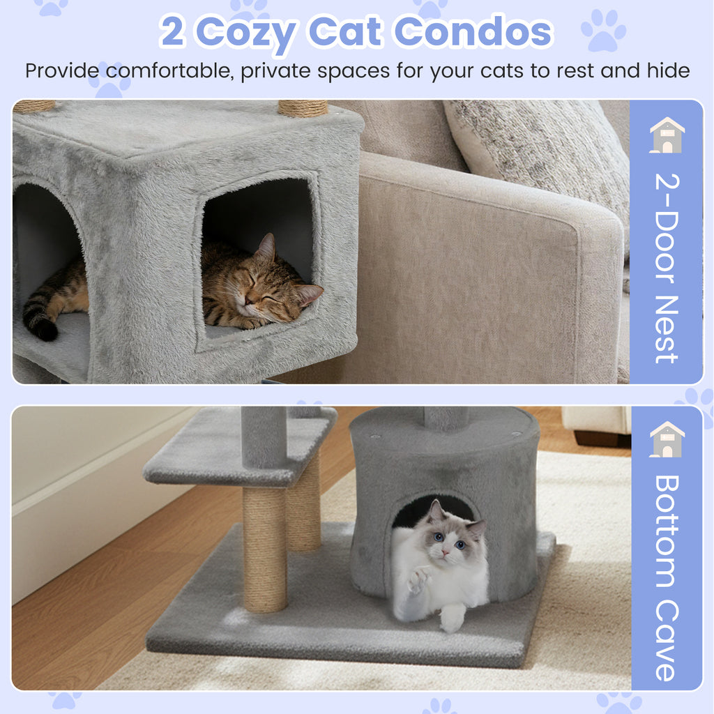64 Inch Tall Cat Tree with 2 Condos & Jute Scratching Posts - Light Gray Variation
