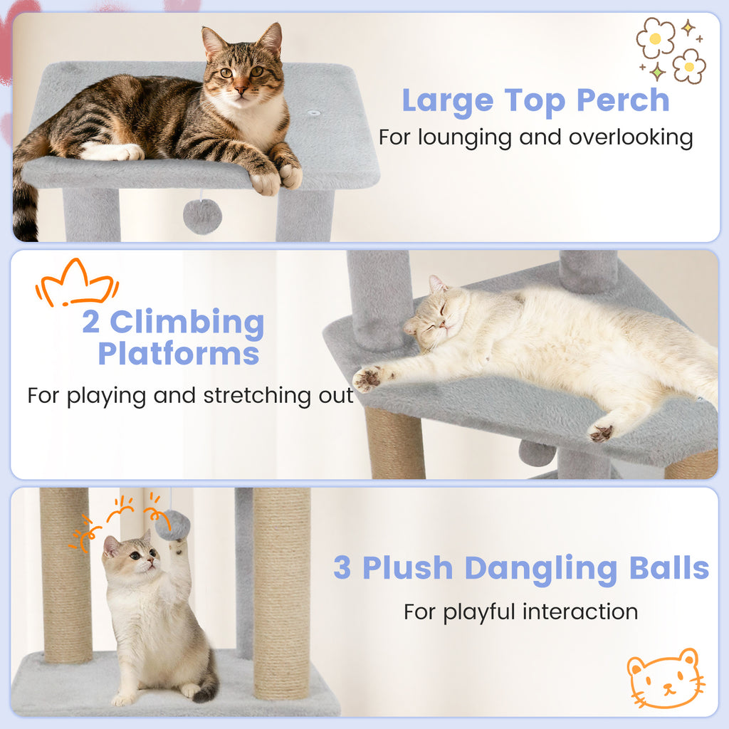 64 Inch Tall Cat Tree with 2 Condos & Jute Scratching Posts - Light Gray Variation