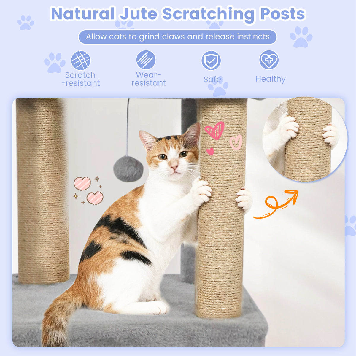 64 Inch Tall Cat Tree with 2 Condos & Jute Scratching Posts - Light Gray Variation