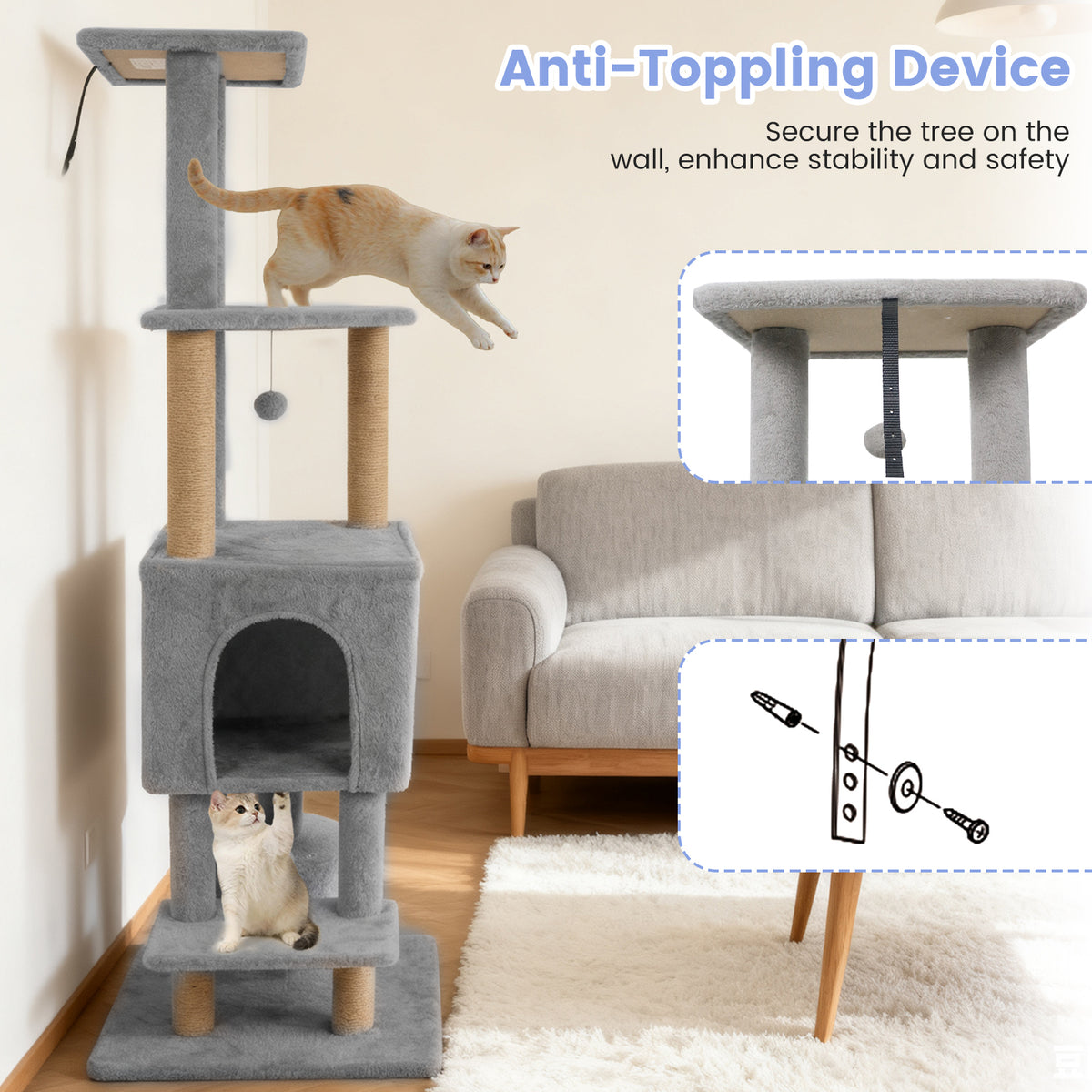 64 Inch Tall Cat Tree with 2 Condos & Jute Scratching Posts - Light Gray Variation