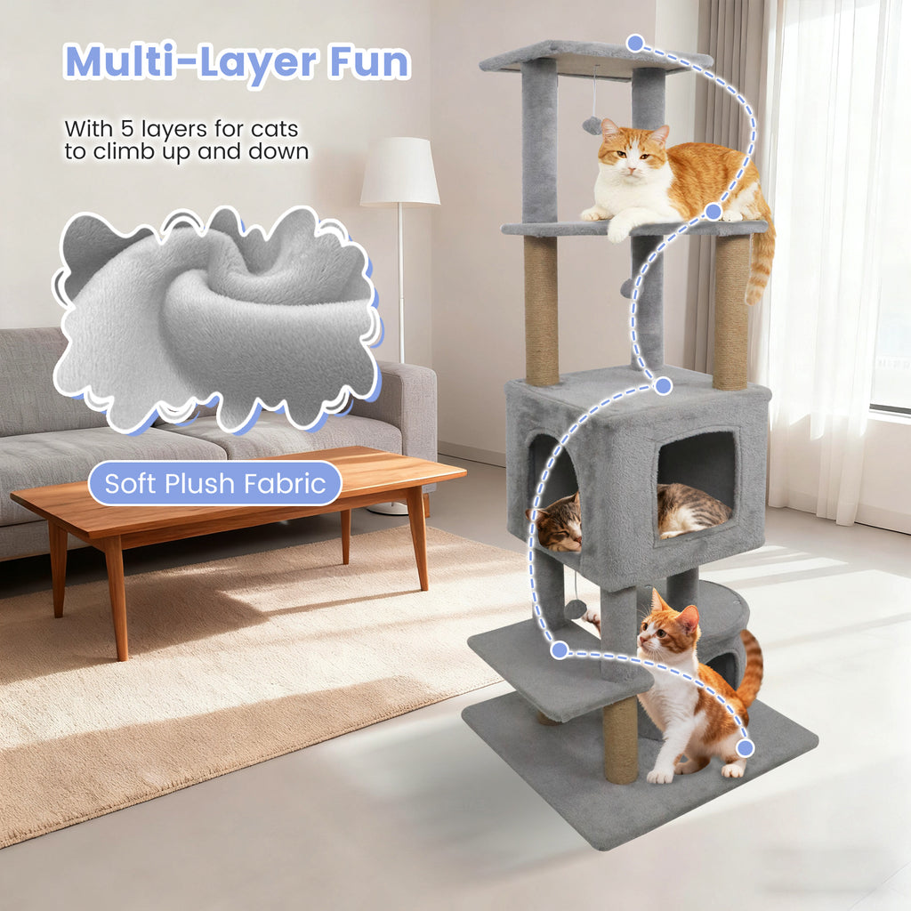 64 Inch Tall Cat Tree with 2 Condos & Jute Scratching Posts - Light Gray Variation