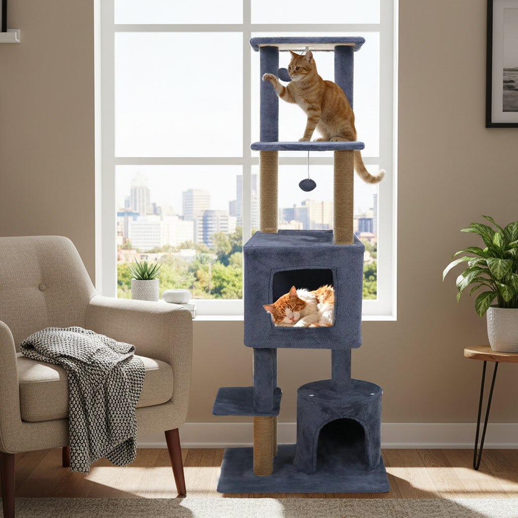 Dark Gray 64-Inch Cat Tree with 2 Condos & Jute Scratching Posts for Indoor Cats