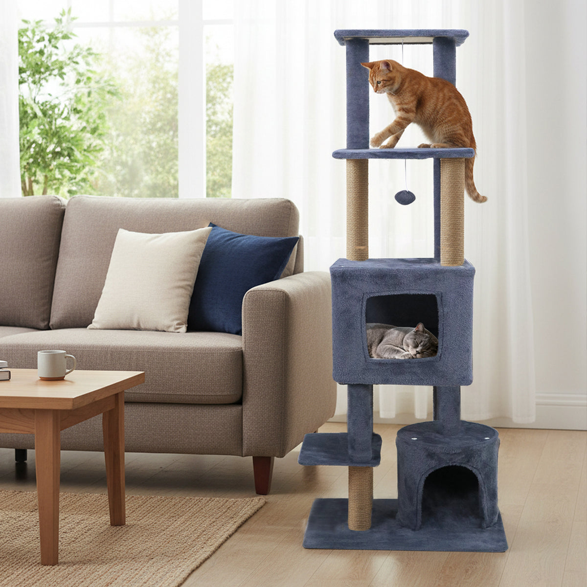 Dark Gray 64-Inch Cat Tree with 2 Condos & Jute Scratching Posts for Indoor Cats