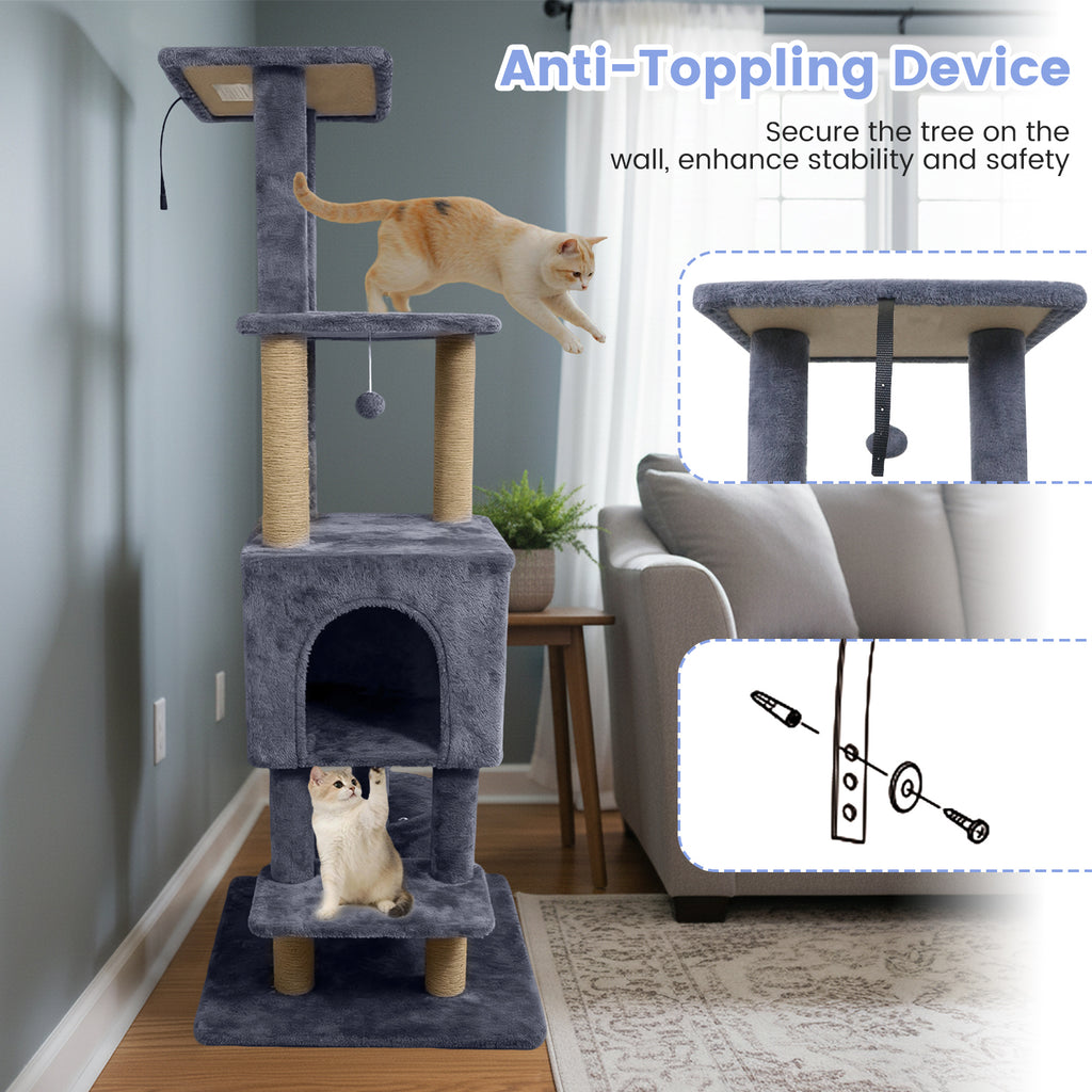 Dark Gray 64-Inch Cat Tree with 2 Condos & Jute Scratching Posts for Indoor Cats
