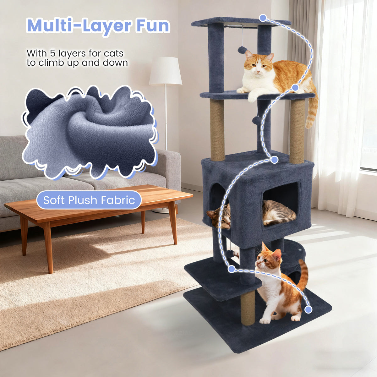 Dark Gray 64-Inch Cat Tree with 2 Condos & Jute Scratching Posts for Indoor Cats