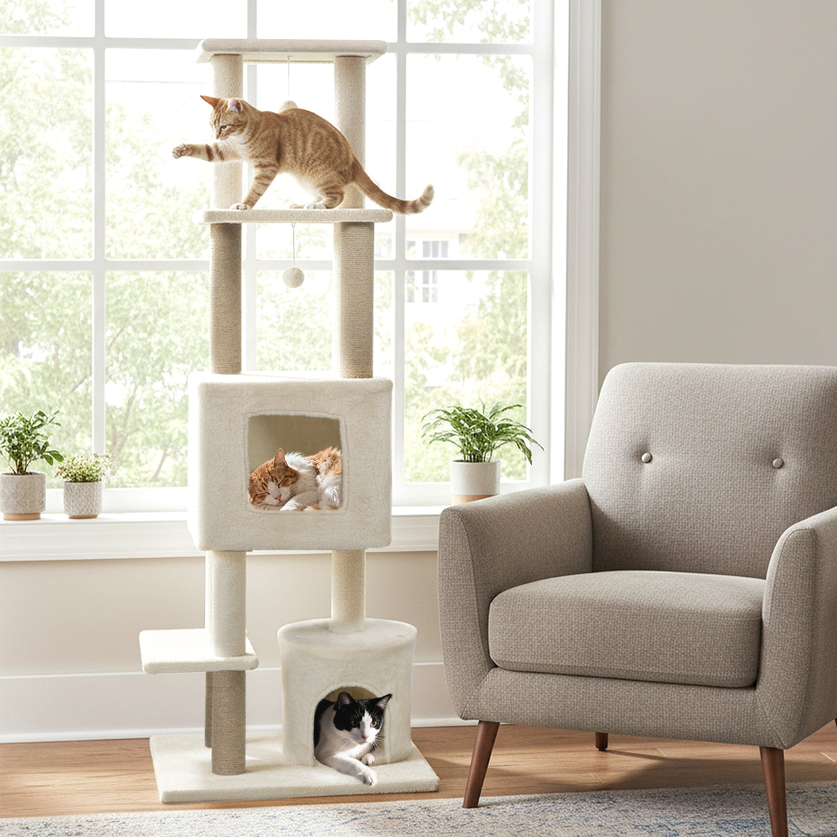 Dark Gray 64-Inch Cat Tree with 2 Condos & Jute Scratching Posts for Indoor Cats