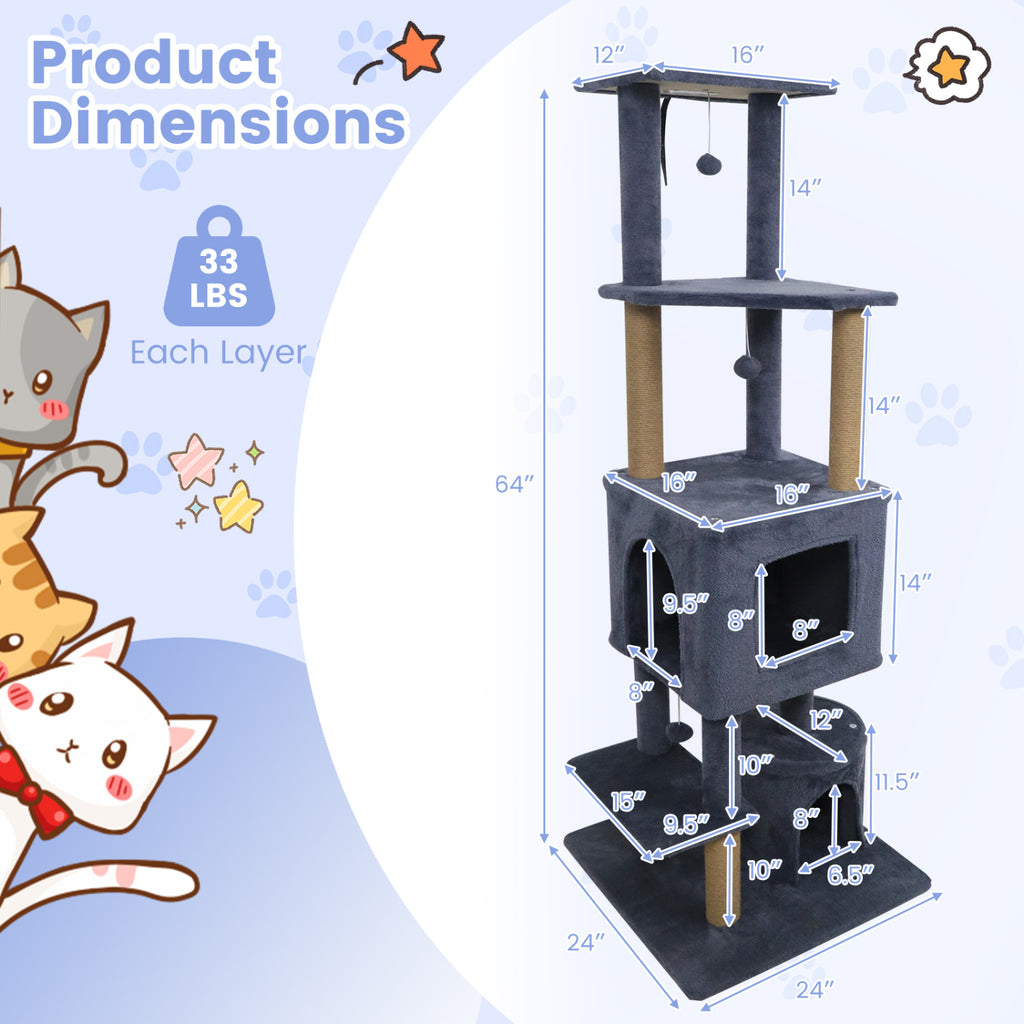 Dark Gray 64-Inch Cat Tree with 2 Condos & Jute Scratching Posts for Indoor Cats