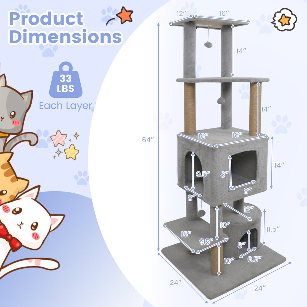 64 Inch Tall Cat Tree with 2 Condos & Jute Scratching Posts - Light Gray Variation