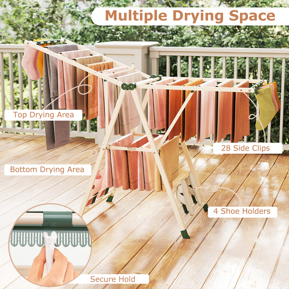 64" Clothes Drying Rack w/ Adjustable Wings - Beige