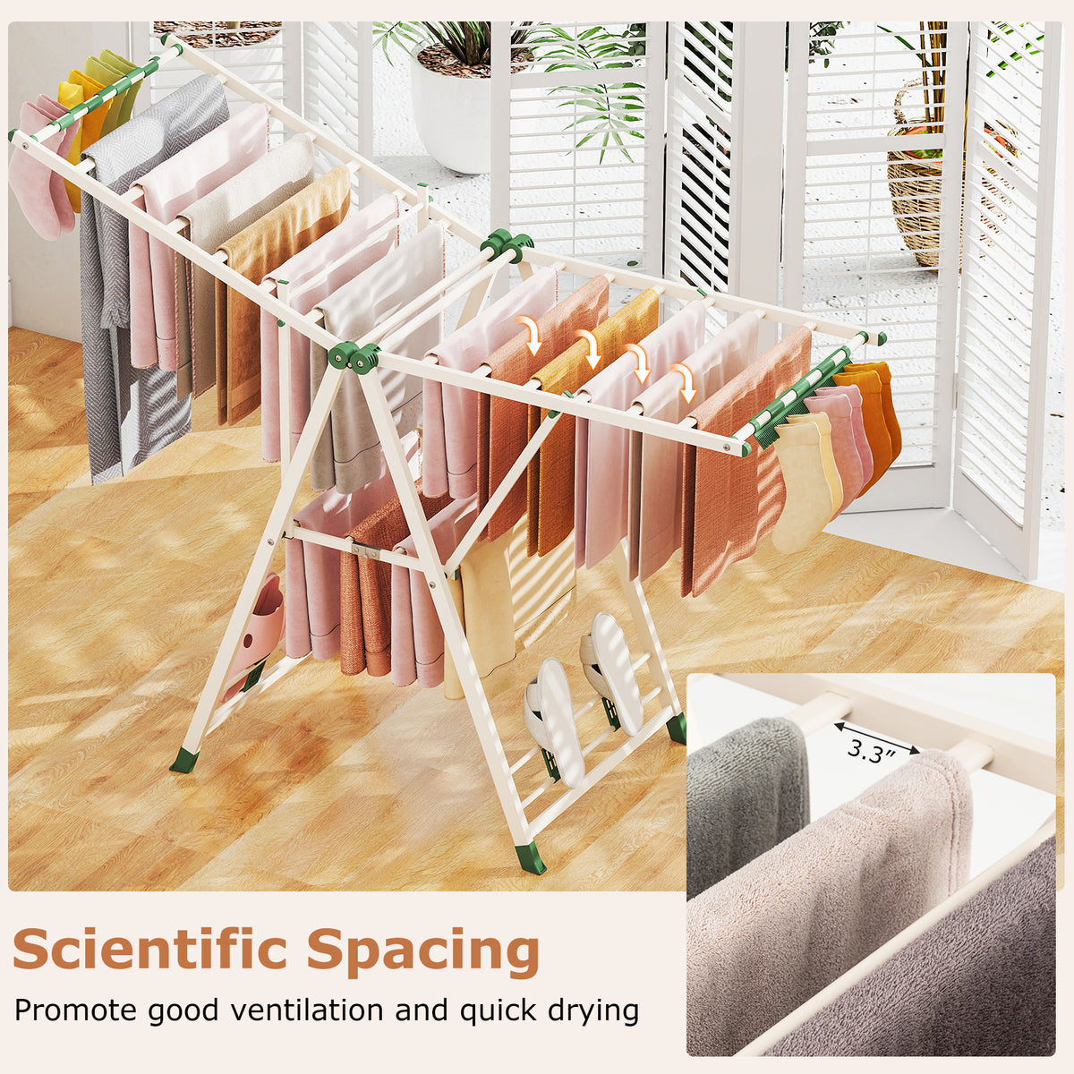64" Clothes Drying Rack w/ Adjustable Wings - Beige