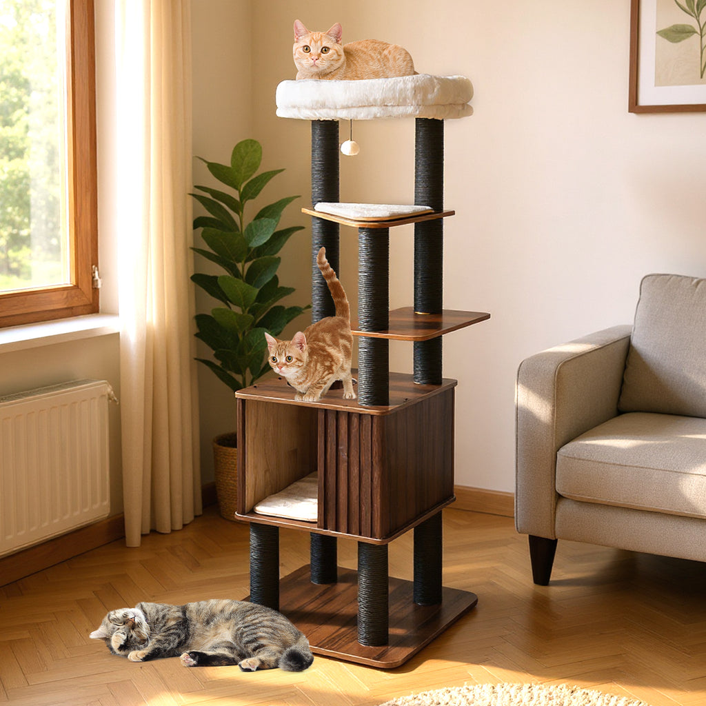 Wooden Cat Tower Top Perch with Soft Padding - Brown, 6 Levels & Scratching Posts