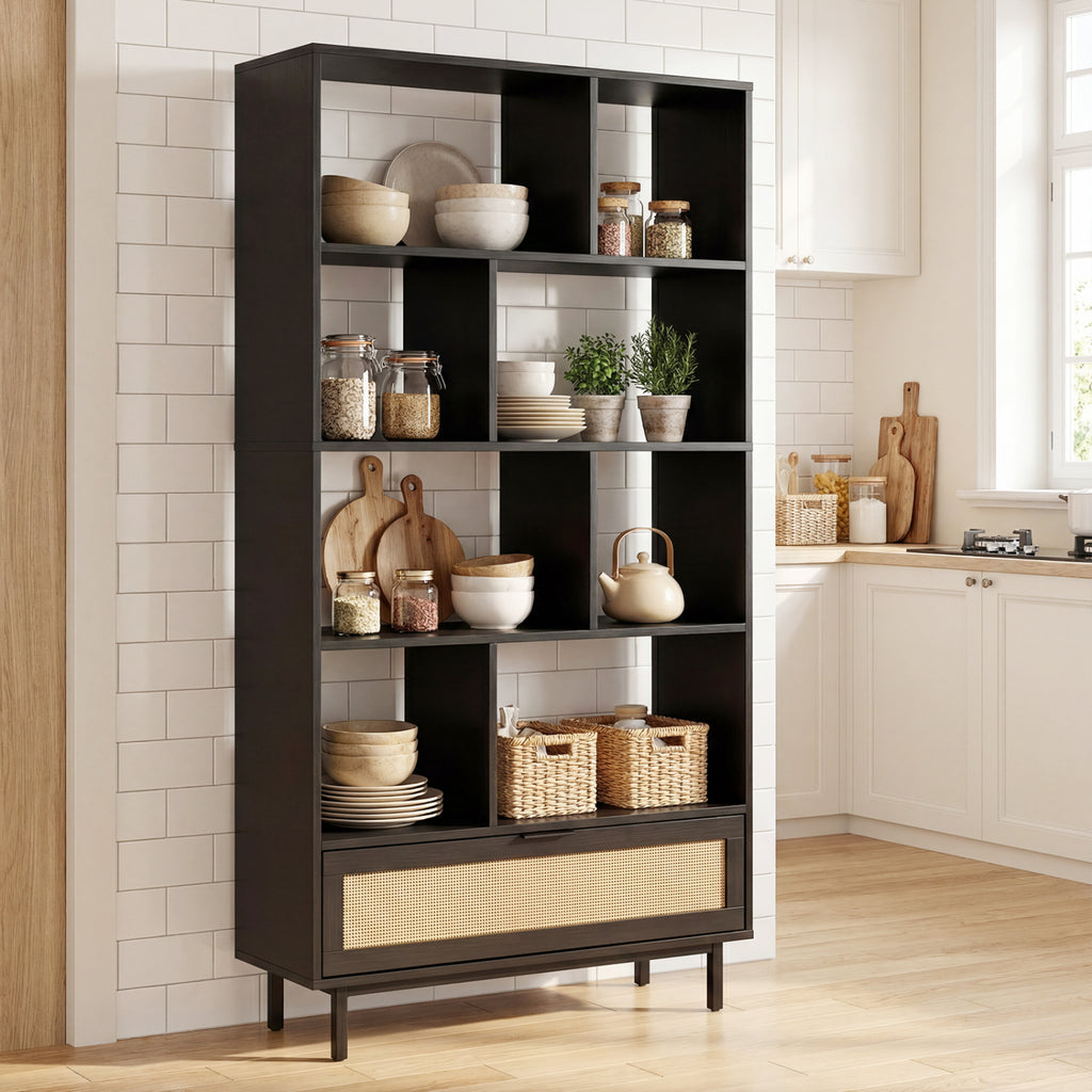 64-Inch 6-Tier Wooden Bookcase with 8 Open Cubes - Black