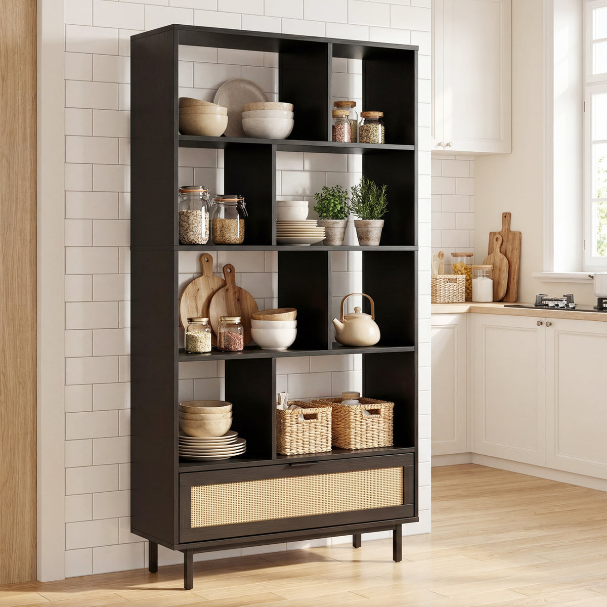 64-Inch 6-Tier Wooden Bookcase with 8 Open Cubes - Black