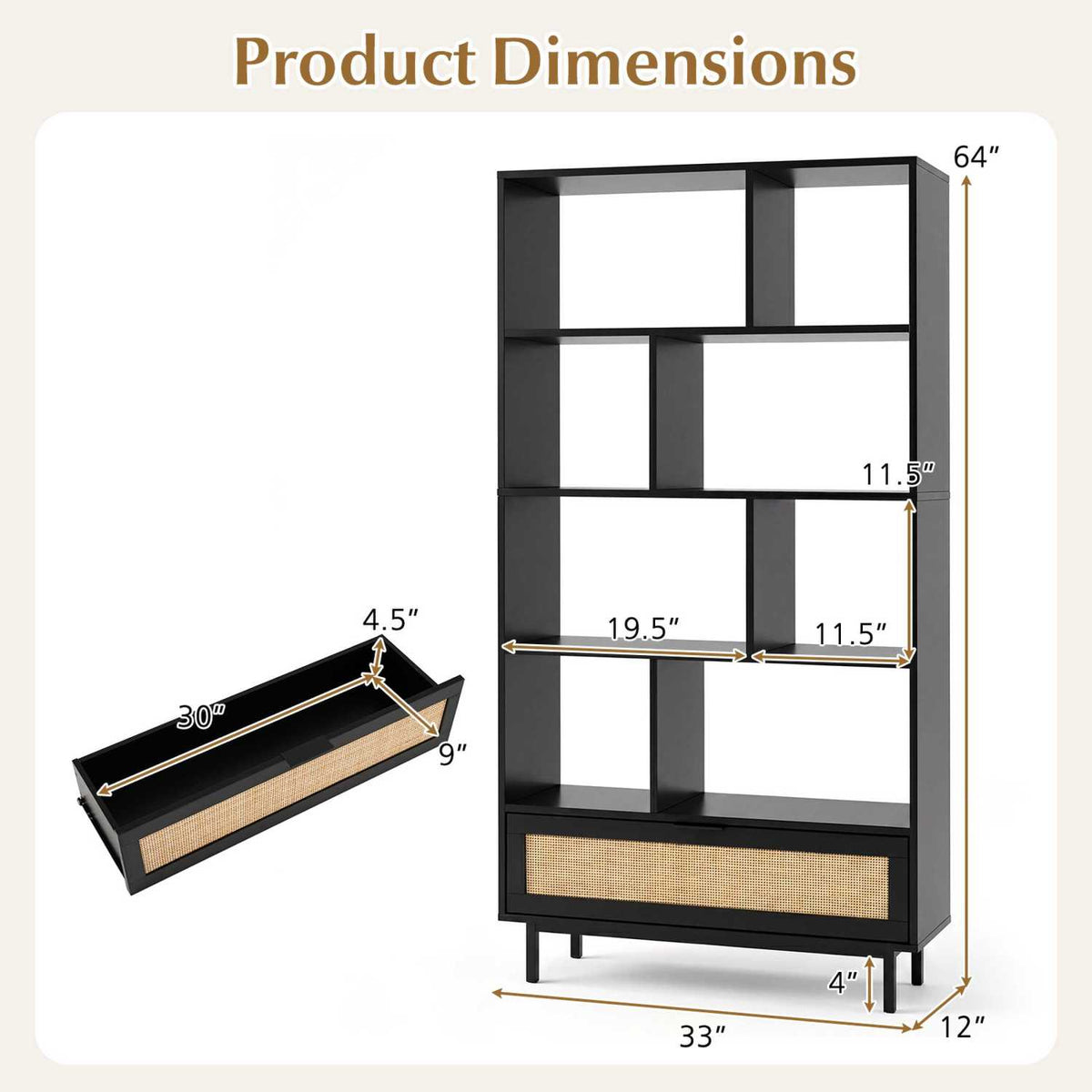 64-Inch 6-Tier Wooden Bookcase with 8 Open Cubes - Black