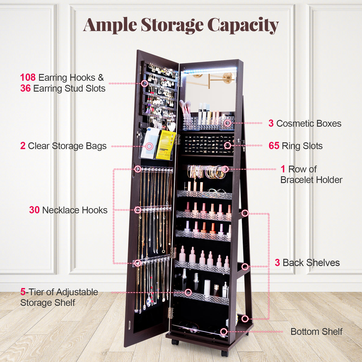 64-Inch Lockable Jewelry Armoire with Makeup Mirror, Purple