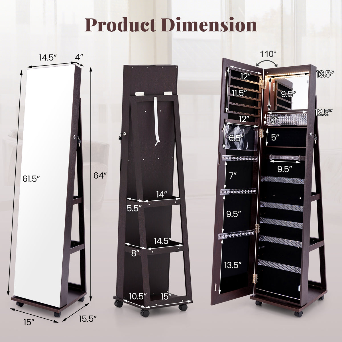 64-Inch Lockable Jewelry Armoire with Makeup Mirror, Purple