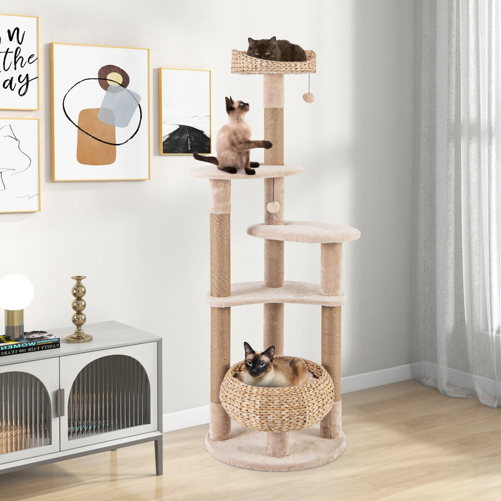 Beige 65-Inch Cat Tree with Perch, Hammock & Multiple Activity Layers