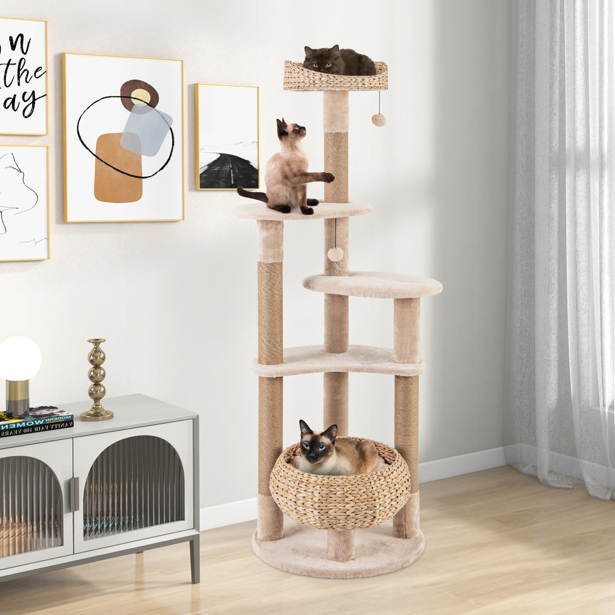 Beige 65-Inch Cat Tree with Perch, Hammock & Multiple Activity Layers
