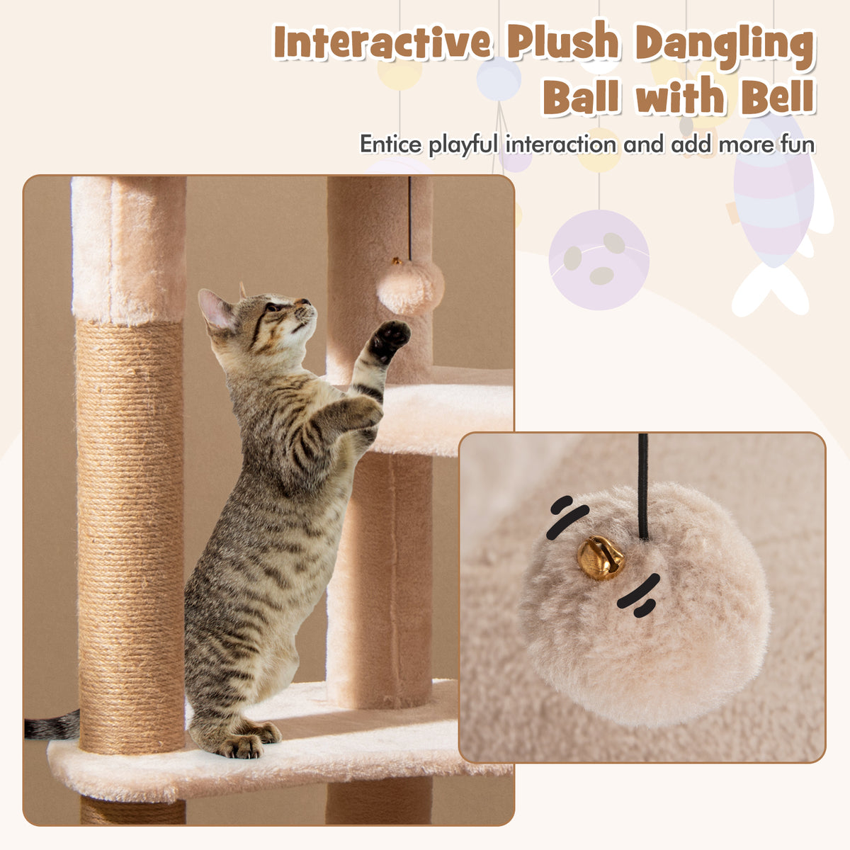 Beige 65-Inch Cat Tree with Perch, Hammock & Multiple Activity Layers