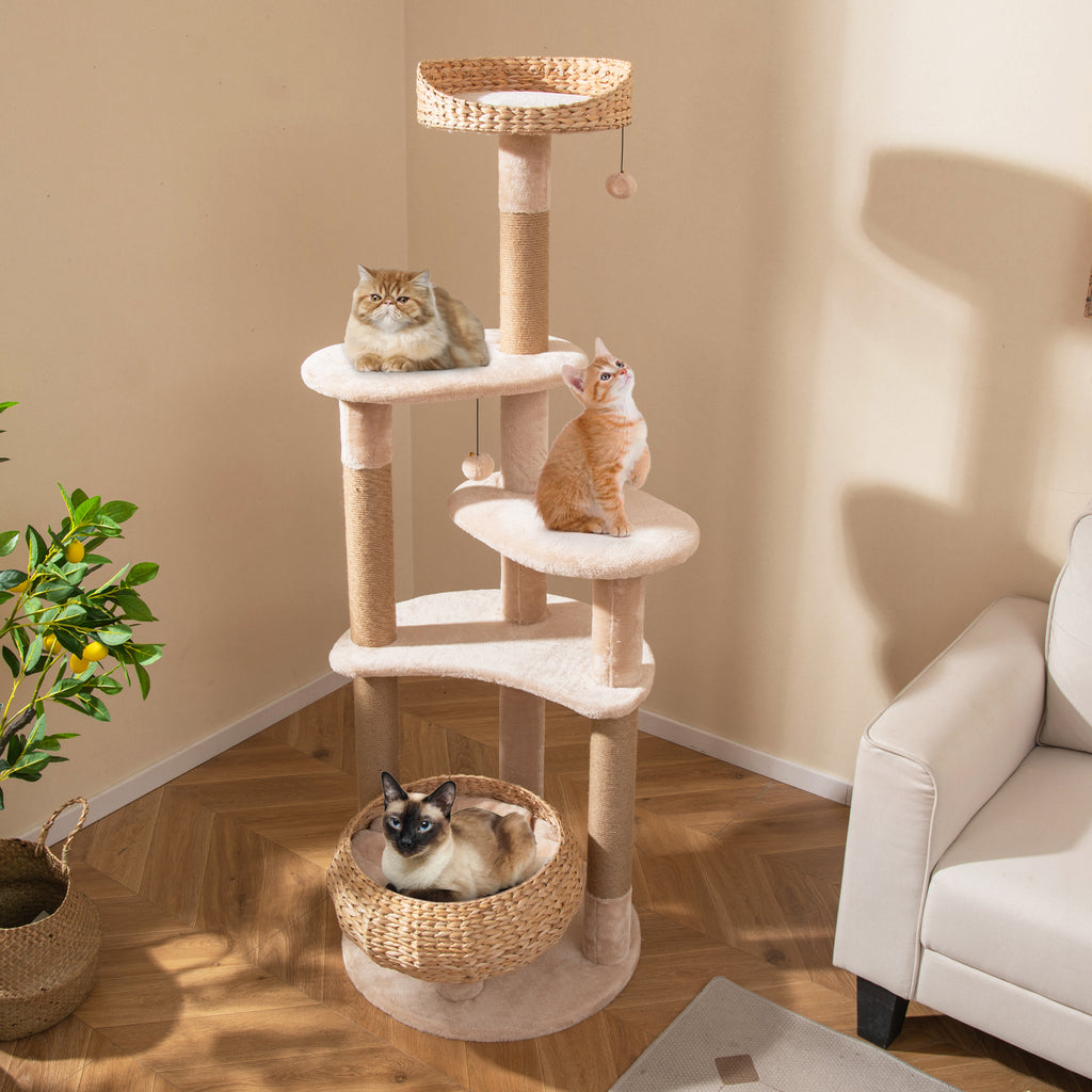 Beige 65-Inch Cat Tree with Perch, Hammock & Multiple Activity Layers