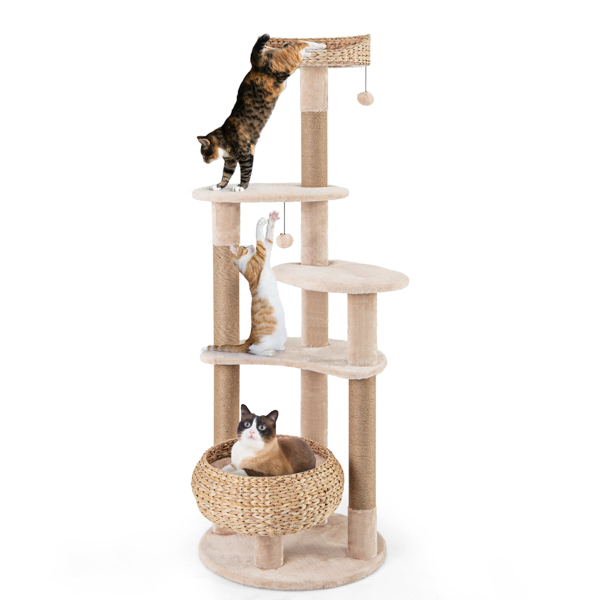 Beige 65-Inch Cat Tree with Perch, Hammock & Multiple Activity Layers