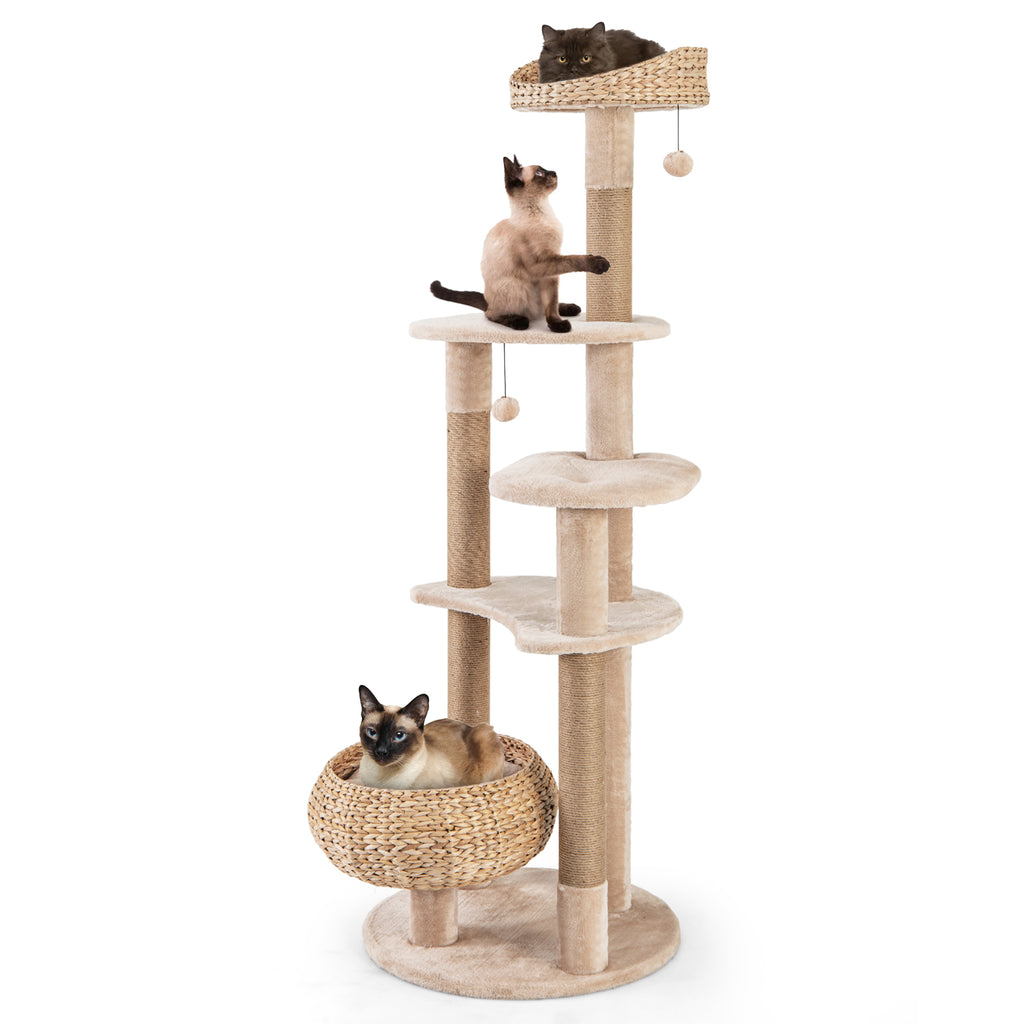 Beige 65-Inch Cat Tree with Perch, Hammock & Multiple Activity Layers