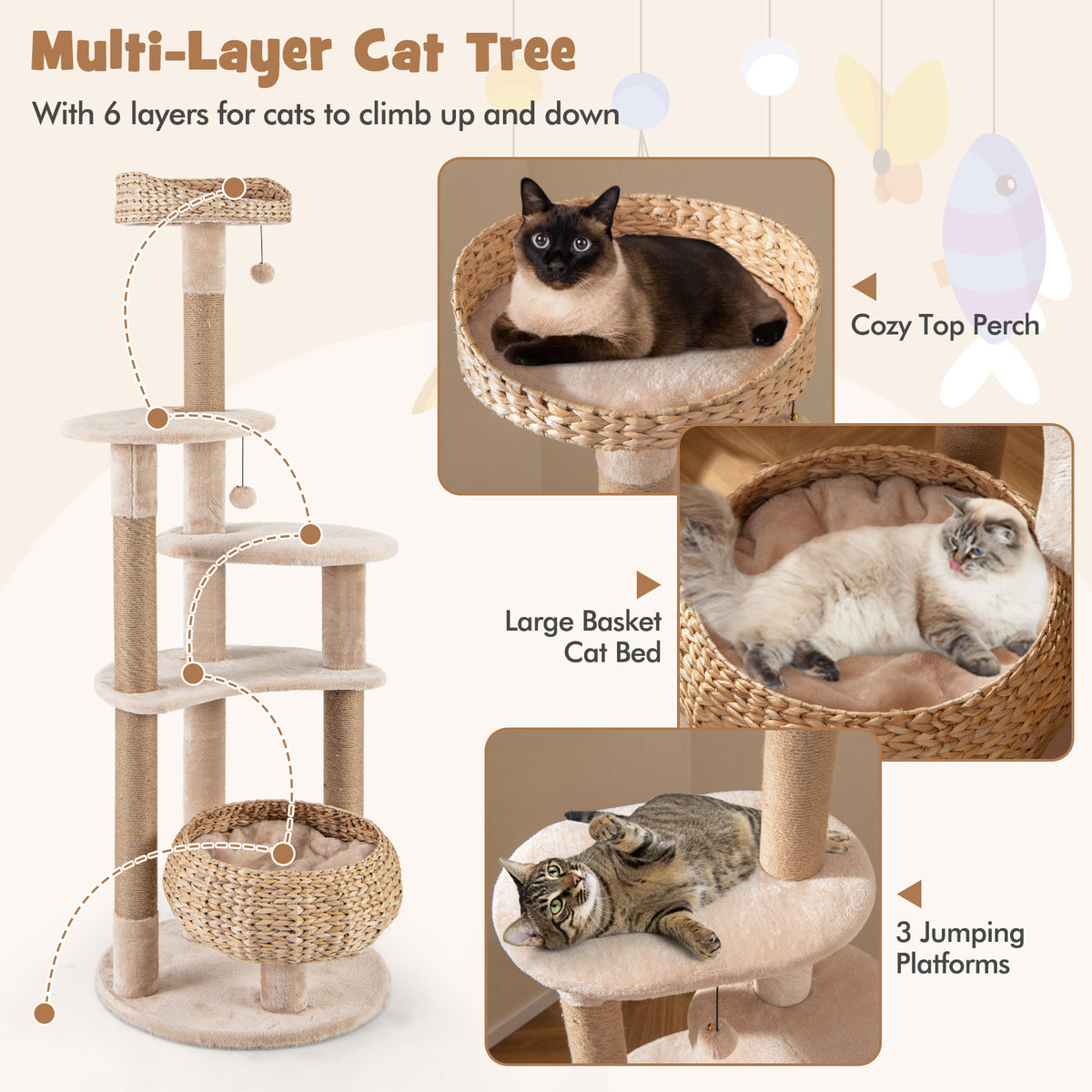 Beige 65-Inch Cat Tree with Perch, Hammock & Multiple Activity Layers