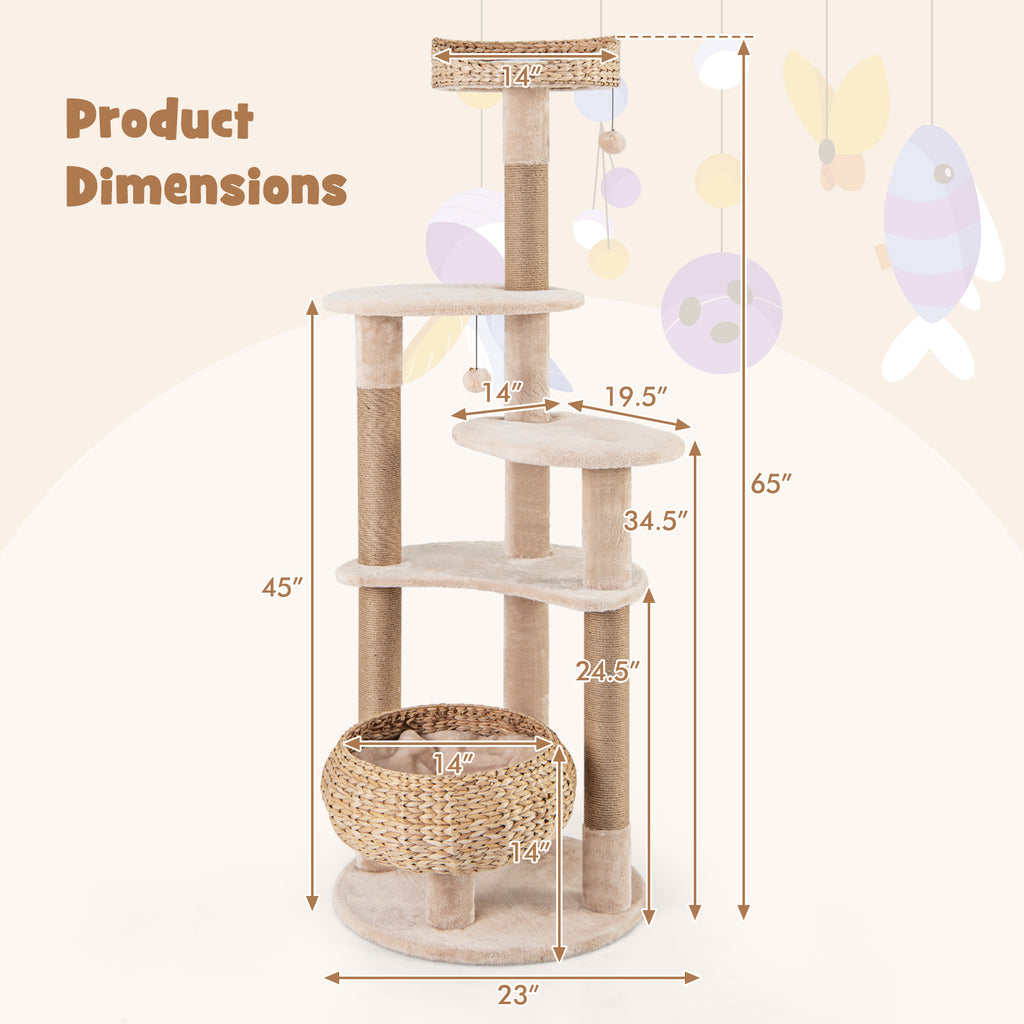 Beige 65-Inch Cat Tree with Perch, Hammock & Multiple Activity Layers